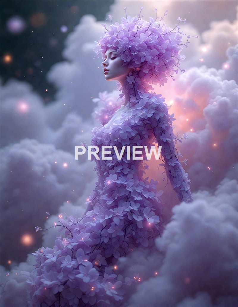 A surreal image of a woman with her body and hair made of purple flowers, surrounded by clouds and glowing with soft mystical light.
